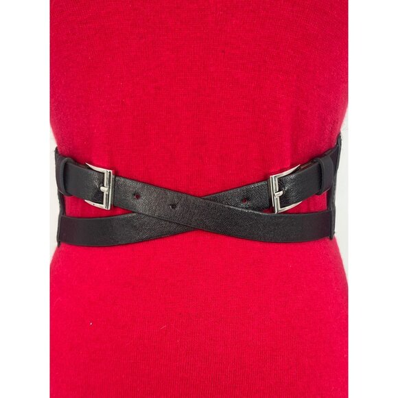 Black Faux Leather Double Cross Elastic Waist Belt Snap Closures Adjustable Fit - Picture 1 of 11